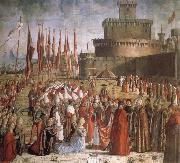 CARPACCIO, Vittore Scenes from the Life of St Ursula:The Pilgrims are met by Pope Cyriacus in front of the Walls of Rome oil painting artist